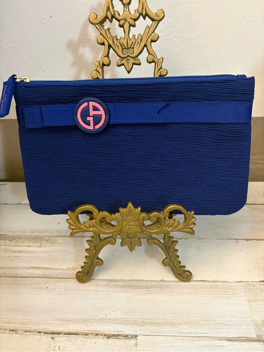 Giorgio Armani Blue Logo Zip Pouch Clutch with Pink Accent